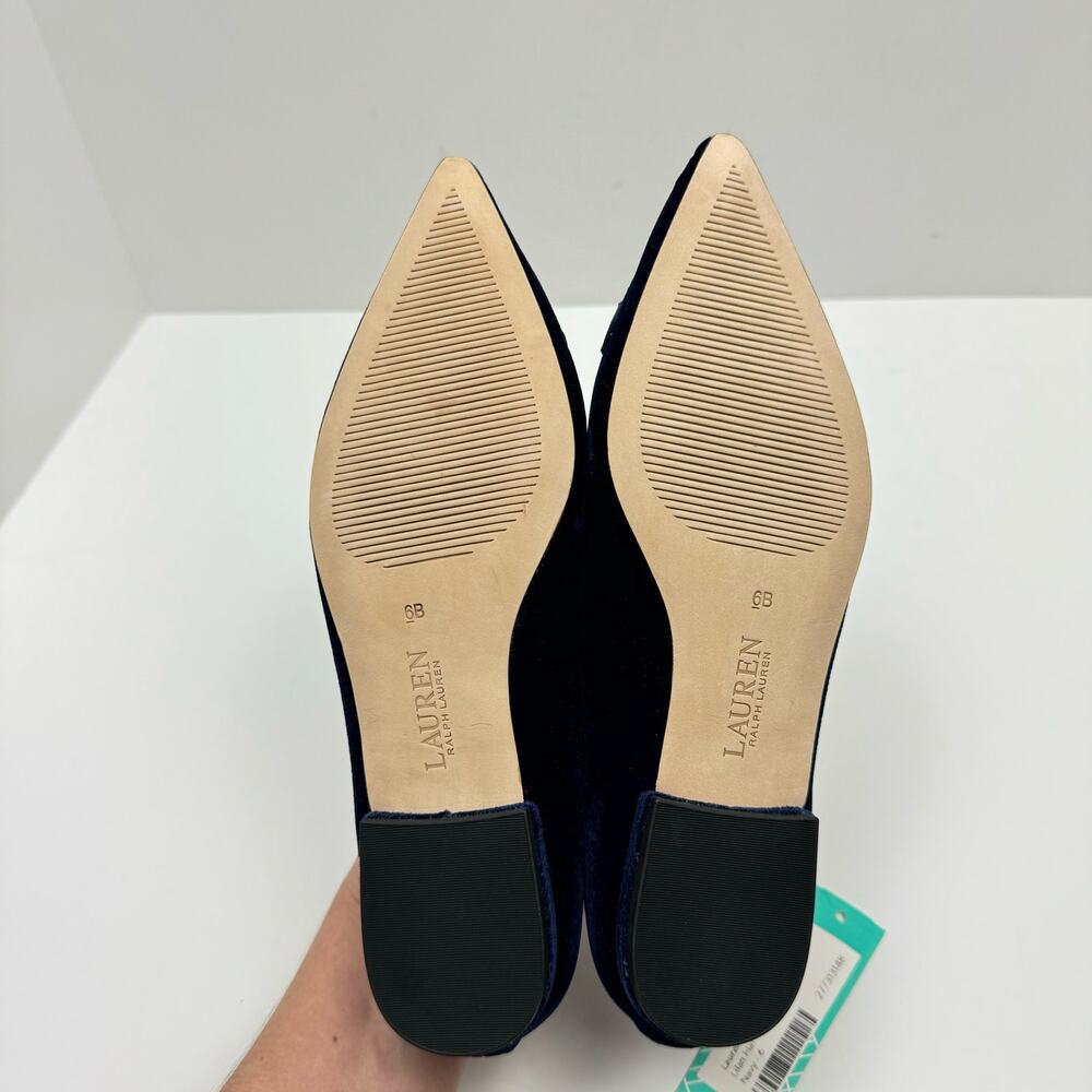 NEW Lauren Ralph Lauren | Lilah Navy Blue Velvet Crystal Logo Pointed Toe Flat - Picture 11 of 11
